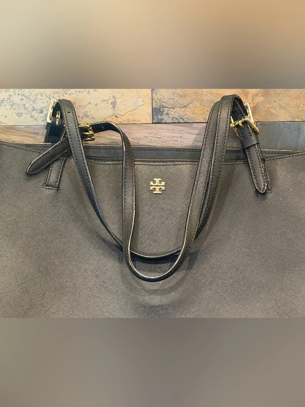 Tory Burch Black Leather Tote with Gold Logo and Hardware